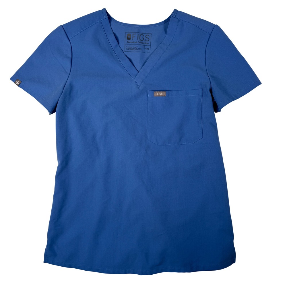 FIGS Scrub Top XXS Blue Technical V-Neck Chest Pocket Womens